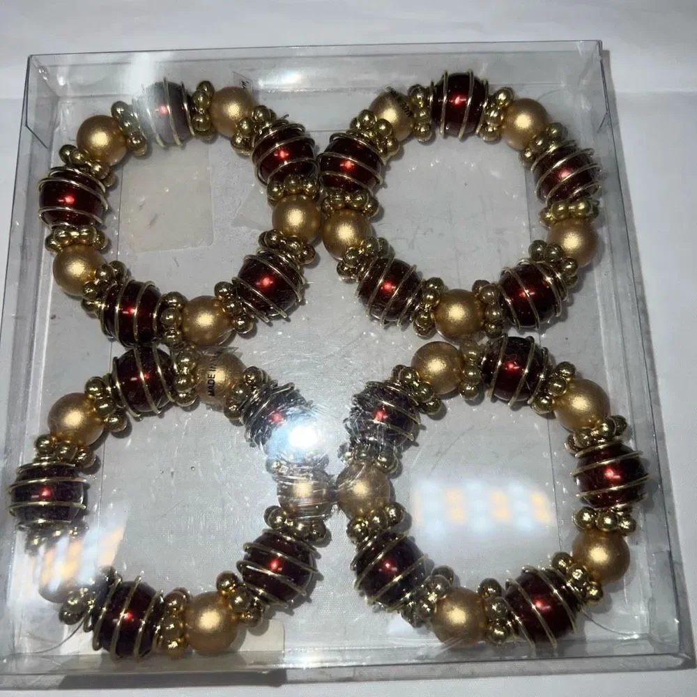 Set of Four Gold and Red Beaded Napkin Holders